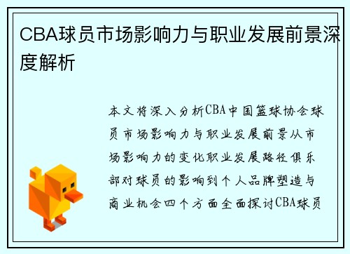 CBA球员市场影响力与职业发展前景深度解析