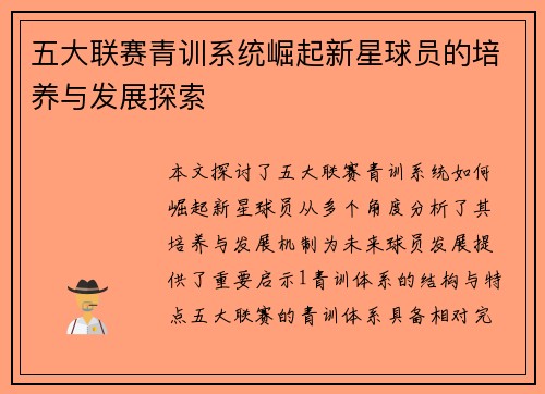 五大联赛青训系统崛起新星球员的培养与发展探索