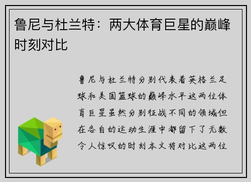 鲁尼与杜兰特：两大体育巨星的巅峰时刻对比
